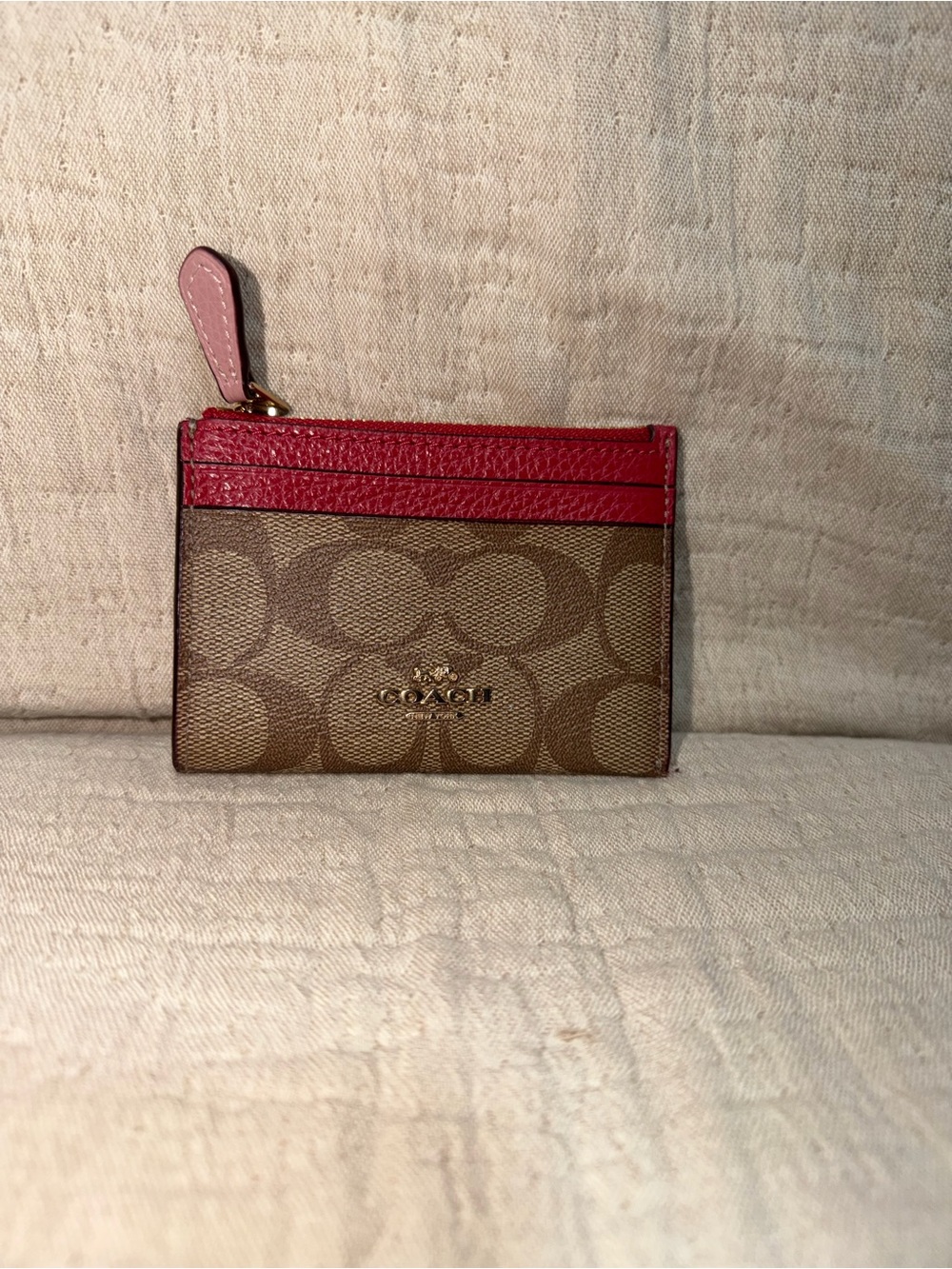 Coach Brown Signature Canvas Card Case with Red Trim